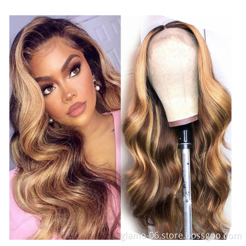 Piano 30 Inch Long Straight P4/27 Honey Blonde 13X4 Transparent Lace Highlighted Human Hair Wigs Highlight Body Wave Hair Wig